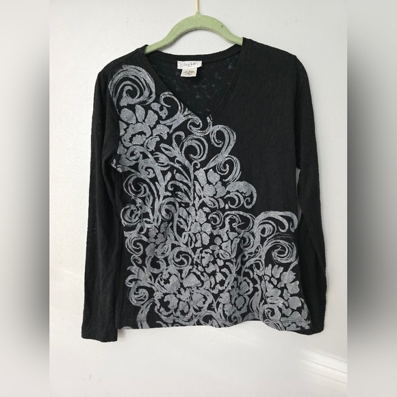 KATE HILL Black Grey Long Sleeve Shirt Top Womens Size PETITES PM Medium - Picture 1 of 10